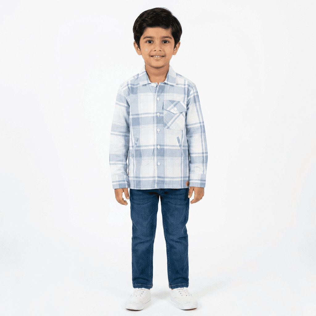White and Blue checked shirt.