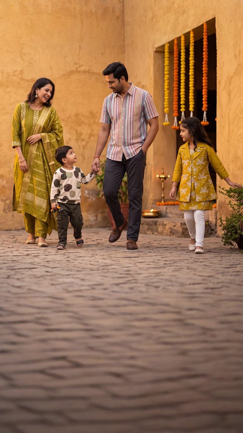 A family of four walking together in festive clothing