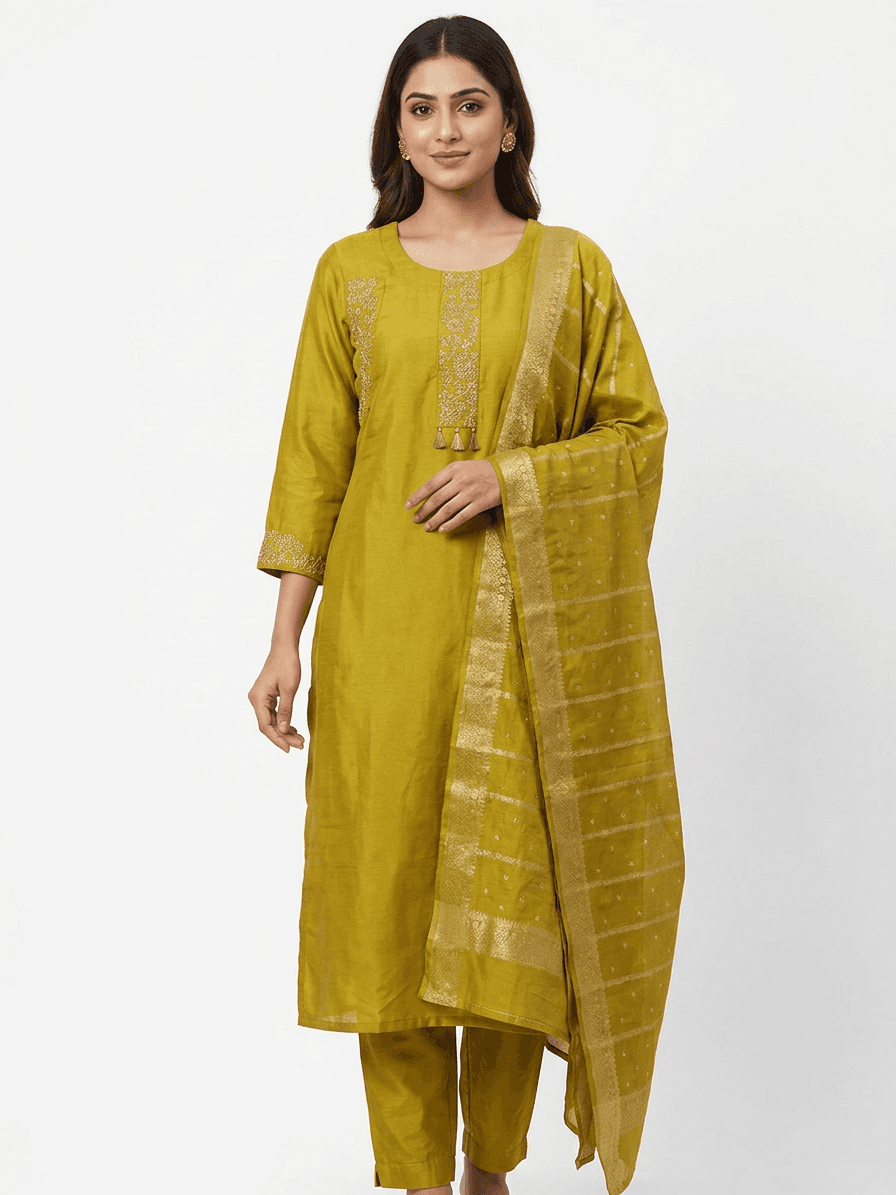 Green Kurta 3pc set with neck embroidery — photo 1