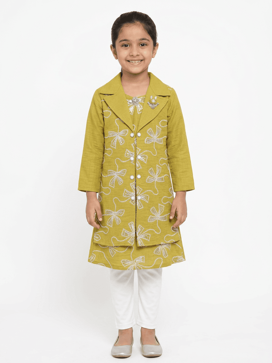 Mustard green air line frock with leggings and belt.